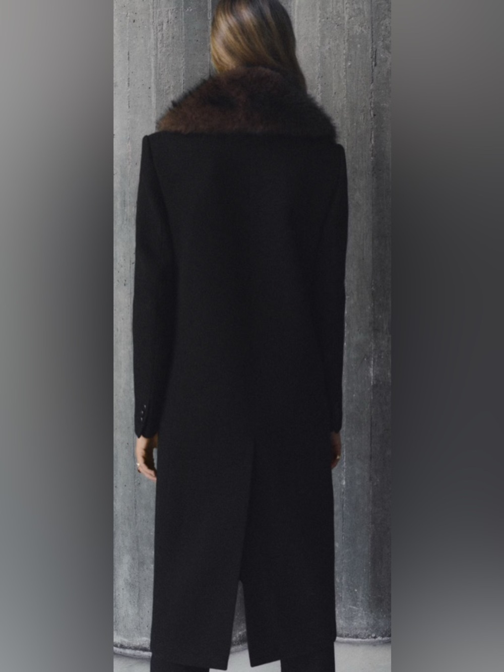 MANGO Black Wool Coat with Brown Fur Collar - Picture 4 of 11